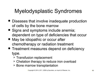 Myelodysplastic Syndromes 
 Diseases that involve inadequate production 
of cells by the bone marrow 
 Signs and symptoms include anemia; 
dependent on type of deficiencies that occur 
 May be idiopathic or occur after 
chemotherapy or radiation treatment 
 Treatment measures depend on deficiency 
type. 
 Transfusion replacement 
 Chelation therapy to reduce iron overload 
 Bone marrow transplantation 
•Copyright © 2014, 2011, 2006 by Saunders, an imprint of Elsevier, Inc. •60 
 