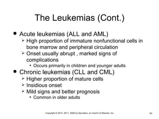 The Leukemias (Cont.) 
 Acute leukemias (ALL and AML) 
 High proportion of immature nonfunctional cells in 
bone marrow and peripheral circulation 
 Onset usually abrupt , marked signs of 
complications 
• Occurs primarily in children and younger adults 
 Chronic leukemias (CLL and CML) 
 Higher proportion of mature cells 
 Insidious onset 
 Mild signs and better prognosis 
• Common in older adults 
•Copyright © 2014, 2011, 2006 by Saunders, an imprint of Elsevier, Inc. •63 
 