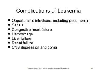 Complications of Leukemia 
 Opportunistic infections, including pneumonia 
 Sepsis 
 Congestive heart failure 
 Hemorrhage 
 Liver failure 
 Renal failure 
 CNS depression and coma 
•Copyright © 2014, 2011, 2006 by Saunders, an imprint of Elsevier, Inc. •67 
 