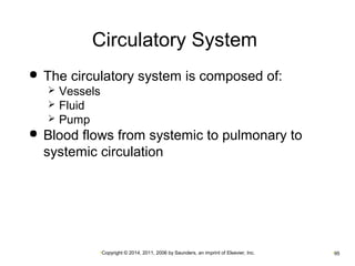Circulatory System 
 The circulatory system is composed of: 
 Vessels 
 Fluid 
 Pump 
 Blood flows from systemic to pulmonary to 
systemic circulation 
•Copyright © 2014, 2011, 2006 by Saunders, an imprint of Elsevier, Inc. •95 
 