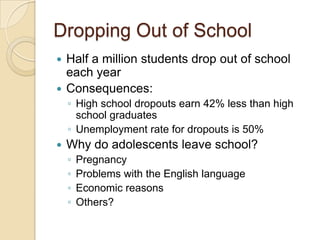 Dropping Out of SchoolHalf a million students drop out of school each year Consequences:High school dropouts earn 42% less than high school graduatesUnemployment rate for dropouts is 50%Why do adolescents leave school?PregnancyProblems with the English languageEconomic reasonsOthers?