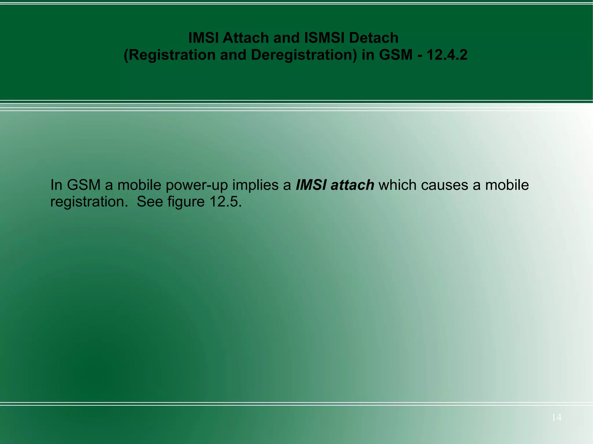 IMSI Attach and ISMSI Detach
          (Registration and Deregistration) in GSM - 12.4.2




In GSM a mobile power-up implies a IMSI attach which causes a mobile
registration. See figure 12.5.




                                                                       14
 