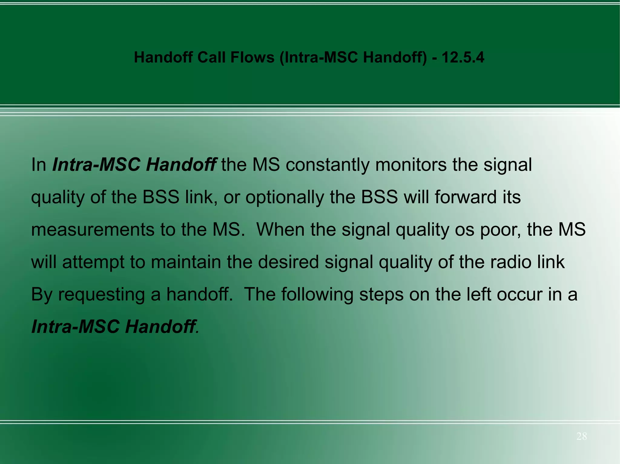 Handoff Call Flows (Intra-MSC Handoff) - 12.5.4




In Intra-MSC Handoff the MS constantly monitors the signal
quality of the BSS link, or optionally the BSS will forward its
measurements to the MS. When the signal quality os poor, the MS
will attempt to maintain the desired signal quality of the radio link
By requesting a handoff. The following steps on the left occur in a
Intra-MSC Handoff.




                                                                        28
 
