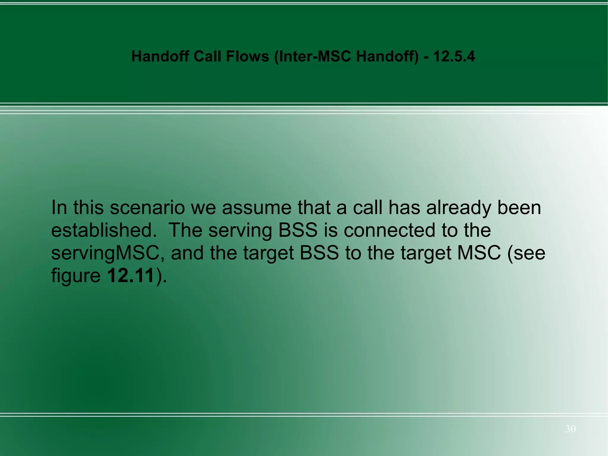 Handoff Call Flows (Inter-MSC Handoff) - 12.5.4




In this scenario we assume that a call has already been
established. The serving BSS is connected to the
servingMSC, and the target BSS to the target MSC (see
figure 12.11).




                                                          30
 