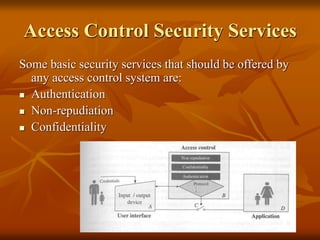 Access Control Security Services
Some basic security services that should be offered by
any access control system are:
 Authentication
 Non-repudiation
 Confidentiality
 