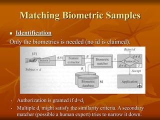 Matching Biometric Samples
 Identification
Only the biometrics is needed (no id is claimed).
• Authorization is granted if d=di
• Multiple di might satisfy the similarity criteria. A secondary
matcher (possible a human expert) tries to narrow it down.
 