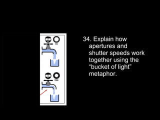 34. Explain how
  apertures and
  shutter speeds work
  together using the
  “bucket of light”
  metaphor.
 