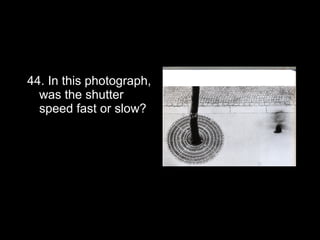 44. In this photograph,
  was the shutter
  speed fast or slow?
 