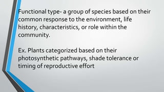 Functional type- a group of species based on their
common response to the environment, life
history, characteristics, or role within the
community.
Ex. Plants categorized based on their
photosynthetic pathways, shade tolerance or
timing of reproductive effort
 