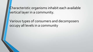 Characteristic organisms inhabit each available
vertical layer in a community.
Various types of consumers and decomposers
occupy all levels in a community
 
