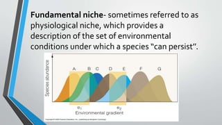 Fundamental niche- sometimes referred to as
physiological niche, which provides a
description of the set of environmental
conditions under which a species “can persist’’.
 