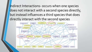 Indirect Interactions- occurs when one species
does not interact with a second species directly,
but instead influences a third species that does
directly interact with the second species
 