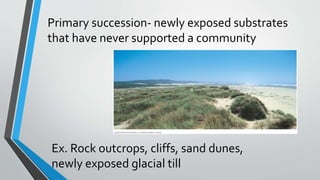 Primary succession- newly exposed substrates
that have never supported a community
Ex. Rock outcrops, cliffs, sand dunes,
newly exposed glacial till
 