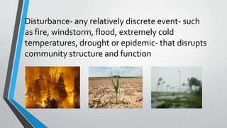 Disturbance- any relatively discrete event- such
as fire, windstorm, flood, extremely cold
temperatures, drought or epidemic- that disrupts
community structure and function
 