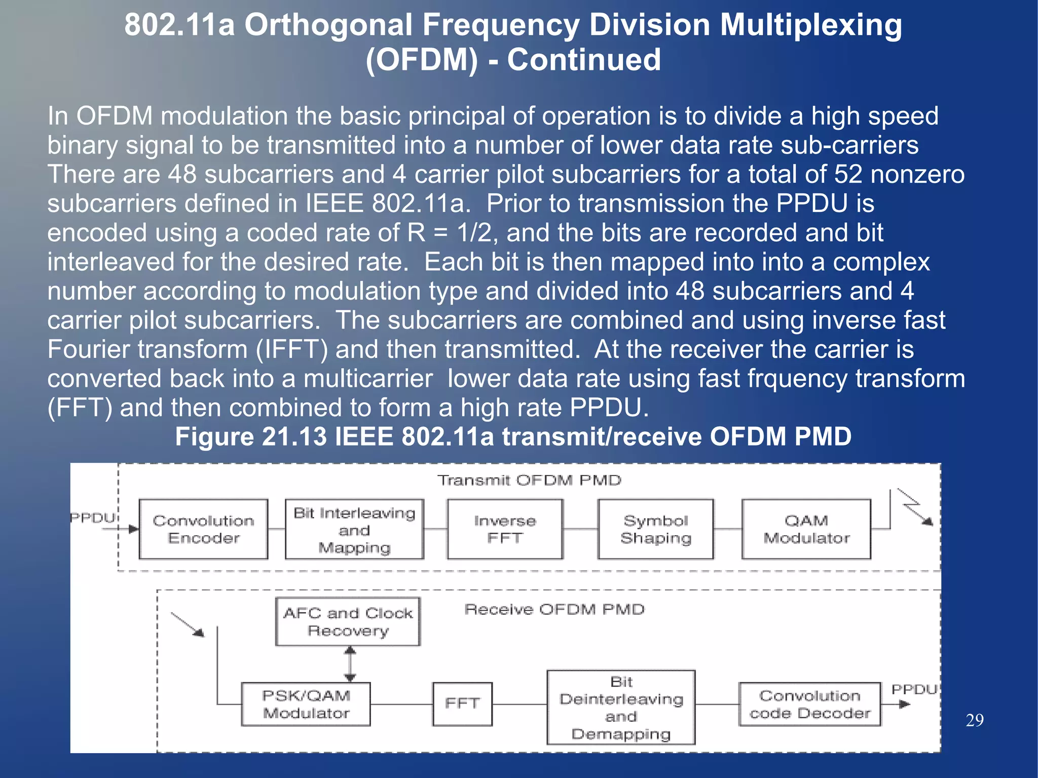 802.11a Orthogonal Frequency Division Multiplexing
                     (OFDM) - Continued
In OFDM modulation the basic principal of operation is to divide a high speed
binary signal to be transmitted into a number of lower data rate sub-carriers
There are 48 subcarriers and 4 carrier pilot subcarriers for a total of 52 nonzero
subcarriers defined in IEEE 802.11a. Prior to transmission the PPDU is
encoded using a coded rate of R = 1/2, and the bits are recorded and bit
interleaved for the desired rate. Each bit is then mapped into into a complex
number according to modulation type and divided into 48 subcarriers and 4
carrier pilot subcarriers. The subcarriers are combined and using inverse fast
Fourier transform (IFFT) and then transmitted. At the receiver the carrier is
converted back into a multicarrier lower data rate using fast frquency transform
(FFT) and then combined to form a high rate PPDU.
             Figure 21.13 IEEE 802.11a transmit/receive OFDM PMD




                                                                                 29
 