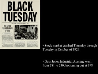 Stock market crashed Thursday through Tuesday in October of 1929 Dow Jones Industrial Average  went from 381 to 230, bottoming out at 198  
