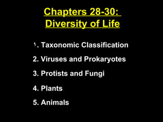 Chapters 28-30:  Diversity of Life ,[object Object],2. Viruses and Prokaryotes 3. Protists and Fungi 4. Plants 5. Animals 
