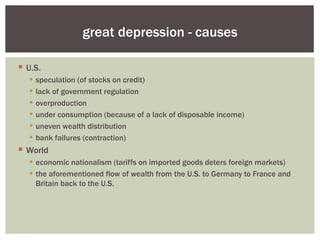 great depression - causes

 U.S.
     speculation (of stocks on credit)
     lack of government regulation
     overproduction
     under consumption (because of a lack of disposable income)
     uneven wealth distribution
     bank failures (contraction)
 World
   economic nationalism (tariffs on imported goods deters foreign markets)
   the aforementioned flow of wealth from the U.S. to Germany to France and
    Britain back to the U.S.
 