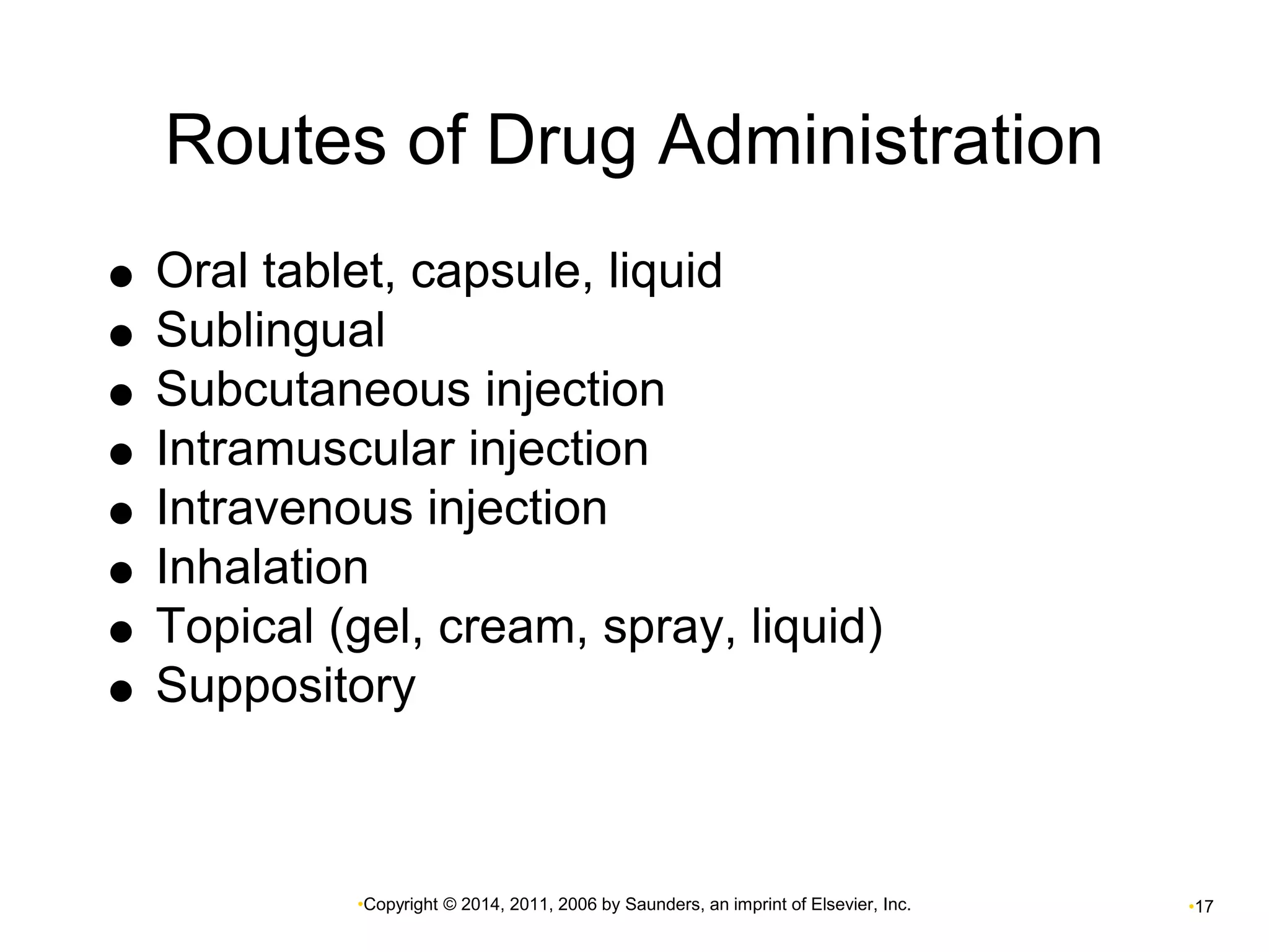 Routes of Drug Administration 
 Oral tablet, capsule, liquid 
 Sublingual 
 Subcutaneous injection 
 Intramuscular injection 
 Intravenous injection 
 Inhalation 
 Topical (gel, cream, spray, liquid) 
 Suppository 
•Copyright © 2014, 2011, 2006 by Saunders, an imprint of Elsevier, Inc. •17 
 