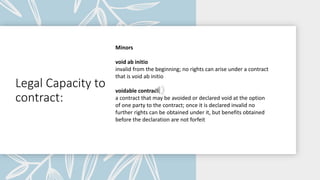 Legal Capacity to
contract:
Minors
void ab initio
invalid from the beginning; no rights can arise under a contract
that is void ab initio
voidable contract
a contract that may be avoided or declared void at the option
of one party to the contract; once it is declared invalid no
further rights can be obtained under it, but benefits obtained
before the declaration are not forfeit
 