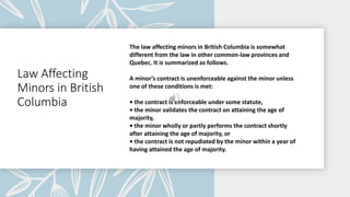 Law Affecting
Minors in British
Columbia
The law affecting minors in British Columbia is somewhat
different from the law in other common-law provinces and
Quebec. It is summarized as follows.
A minor’s contract is unenforceable against the minor unless
one of these conditions is met:
• the contract is enforceable under some statute,
• the minor validates the contract on attaining the age of
majority,
• the minor wholly or partly performs the contract shortly
after attaining the age of majority, or
• the contract is not repudiated by the minor within a year of
having attained the age of majority.
 