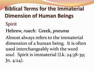 Biblical Terms for the Immaterial 
Dimension of Human Beings 
Spirit 
Hebrew, ruach: Greek, pneuma 
Almost always refers to the immaterial 
dimension of a human being. It is often 
used interchangeably with the word 
soul. Spirit is immaterial (Lk. 24:38-39; 
Jn. 4:24). 
 