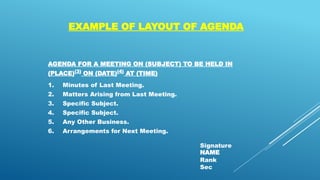 AGENDA FOR A MEETING ON (SUBJECT) TO BE HELD IN
(PLACE)(3)
ON (DATE)(4)
AT (TIME)
1. Minutes of Last Meeting.
2. Matters Arising from Last Meeting.
3. Specific Subject.
4. Specific Subject.
5. Any Other Business.
6. Arrangements for Next Meeting.
Signature
NAME
Rank
Sec
EXAMPLE OF LAYOUT OF AGENDA
 