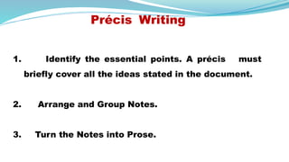 1. Identify the essential points. A précis must
briefly cover all the ideas stated in the document.
2. Arrange and Group Notes.
3. Turn the Notes into Prose.
Précis Writing
 