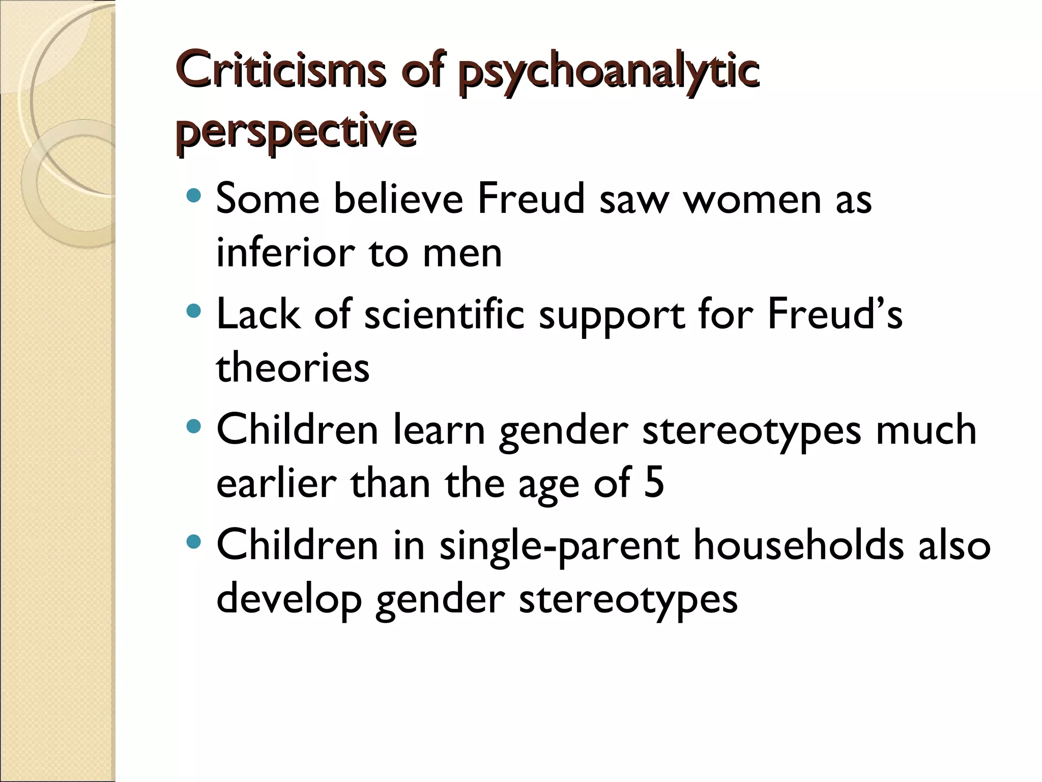 Criticisms of psychoanalytic perspective Some believe Freud saw women as inferior to men Lack of scientific support for Freud’s theories Children learn gender stereotypes much earlier than the age of 5 Children in single-parent households also develop gender stereotypes 