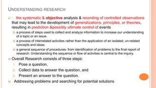 UNDERSTANDING RESEARCH
 “…the systematic & objective analysis & recording of controlled observations
that may lead to the development of generalizations, principles, or theories,
resulting in prediction &possibly ultimate control of events
 a process of steps used to collect and analyze information to increase our understanding
of a topic or an issue.
 a process of interrelated activities rather than the application of an isolated, un-related
concepts and ideas.
 a general sequence of procedures- from identification of problems to the final report of
research. Understanding the sequence or flow of activities is central to the inquiry.
 Overall Research consists of three steps:
1. Pose a question,
2. Collect data to answer the question, and
3. Present an answer to the question.
 Addressing problems and searching for potential solutions
 