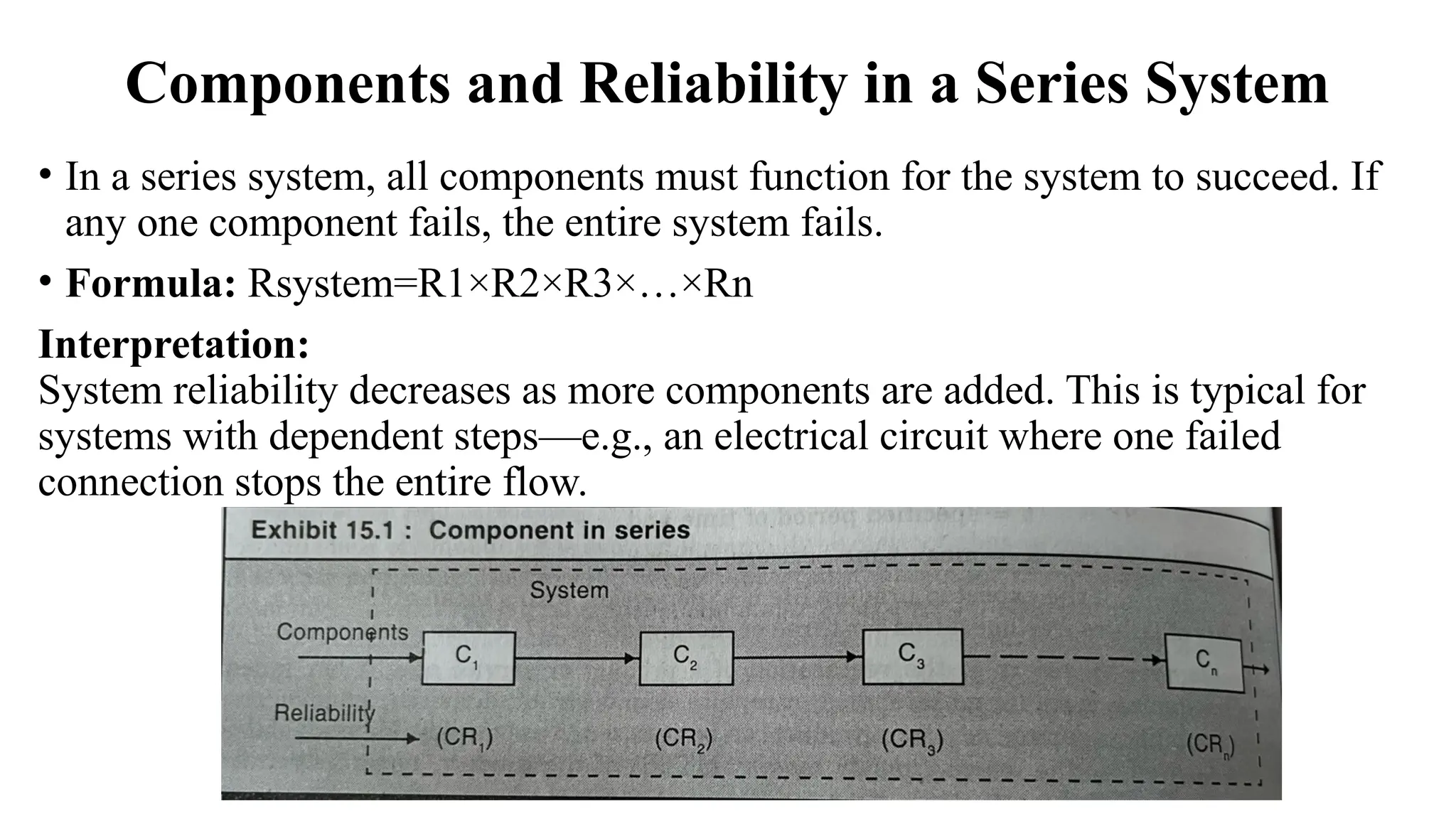 Components and Reliability in a Series System
• In a series system, all components must function for the system to succeed. If
any one component fails, the entire system fails.
• Formula: Rsystem=R1×R2×R3×…×Rn
Interpretation:
System reliability decreases as more components are added. This is typical for
systems with dependent steps—e.g., an electrical circuit where one failed
connection stops the entire flow.
 