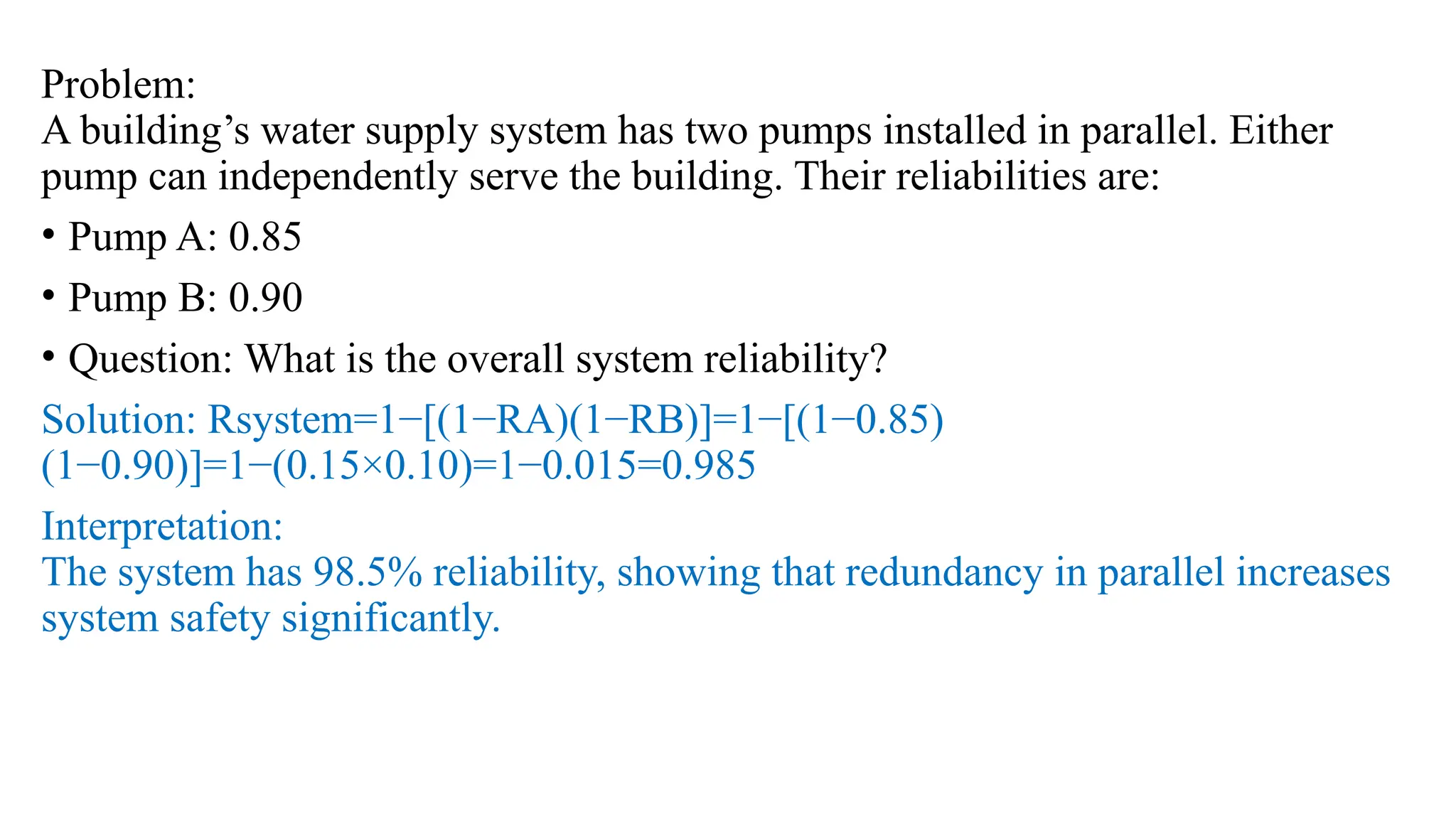 Problem:
A building’s water supply system has two pumps installed in parallel. Either
pump can independently serve the building. Their reliabilities are:
• Pump A: 0.85
• Pump B: 0.90
• Question: What is the overall system reliability?
Solution: Rsystem=1−[(1−RA)(1−RB)]=1−[(1−0.85)
(1−0.90)]=1−(0.15×0.10)=1−0.015=0.985
Interpretation:
The system has 98.5% reliability, showing that redundancy in parallel increases
system safety significantly.
 