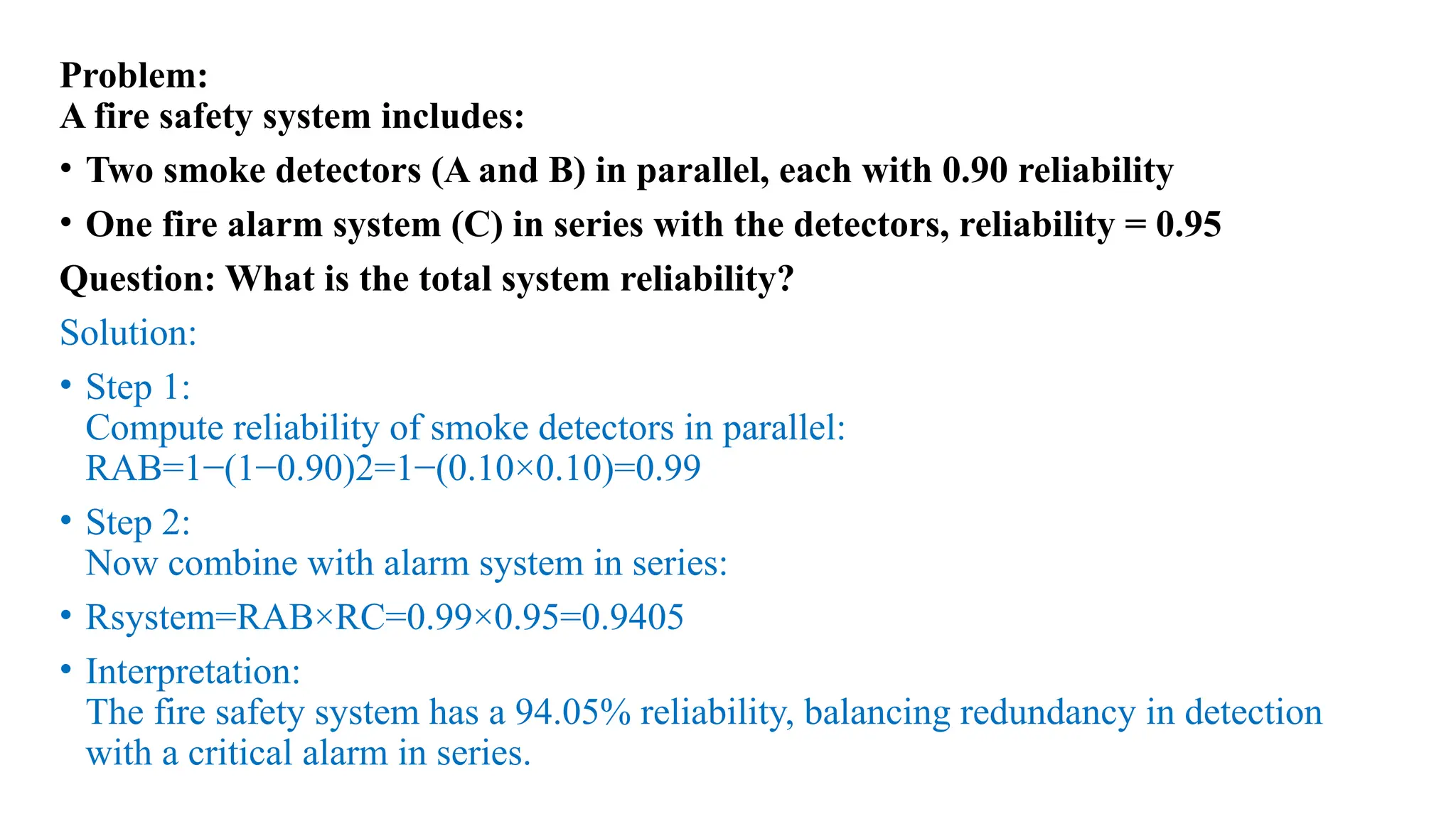 Problem:
A fire safety system includes:
• Two smoke detectors (A and B) in parallel, each with 0.90 reliability
• One fire alarm system (C) in series with the detectors, reliability = 0.95
Question: What is the total system reliability?
Solution:
• Step 1:
Compute reliability of smoke detectors in parallel:
RAB=1−(1−0.90)2=1−(0.10×0.10)=0.99
• Step 2:
Now combine with alarm system in series:
• Rsystem=RAB×RC=0.99×0.95=0.9405
• Interpretation:
The fire safety system has a 94.05% reliability, balancing redundancy in detection
with a critical alarm in series.
 