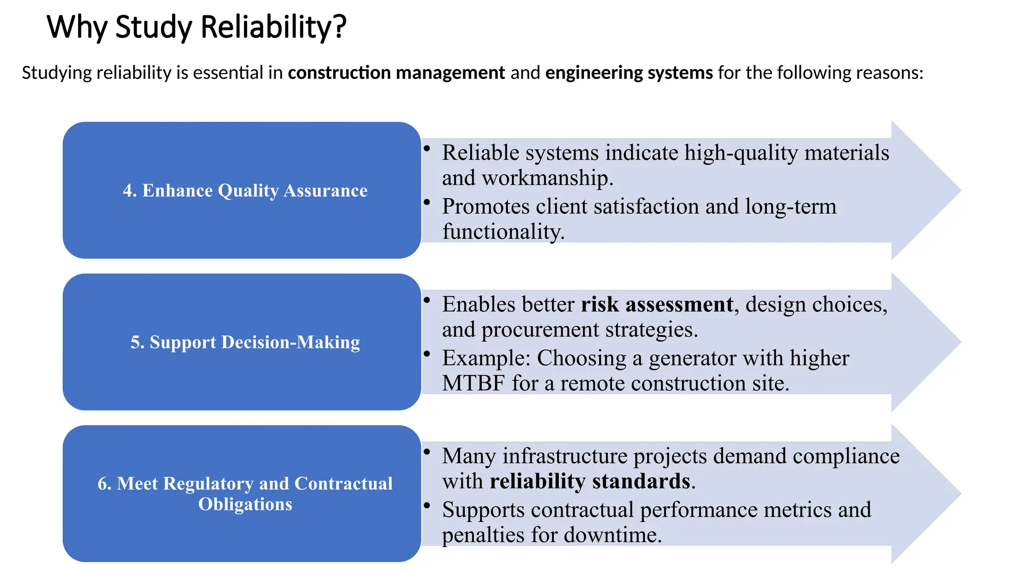 Why Study Reliability?
Studying reliability is essential in construction management and engineering systems for the following reasons:
• Reliable systems indicate high-quality materials
and workmanship.
• Promotes client satisfaction and long-term
functionality.
4. Enhance Quality Assurance
• Enables better risk assessment, design choices,
and procurement strategies.
• Example: Choosing a generator with higher
MTBF for a remote construction site.
5. Support Decision-Making
• Many infrastructure projects demand compliance
with reliability standards.
• Supports contractual performance metrics and
penalties for downtime.
6. Meet Regulatory and Contractual
Obligations
 