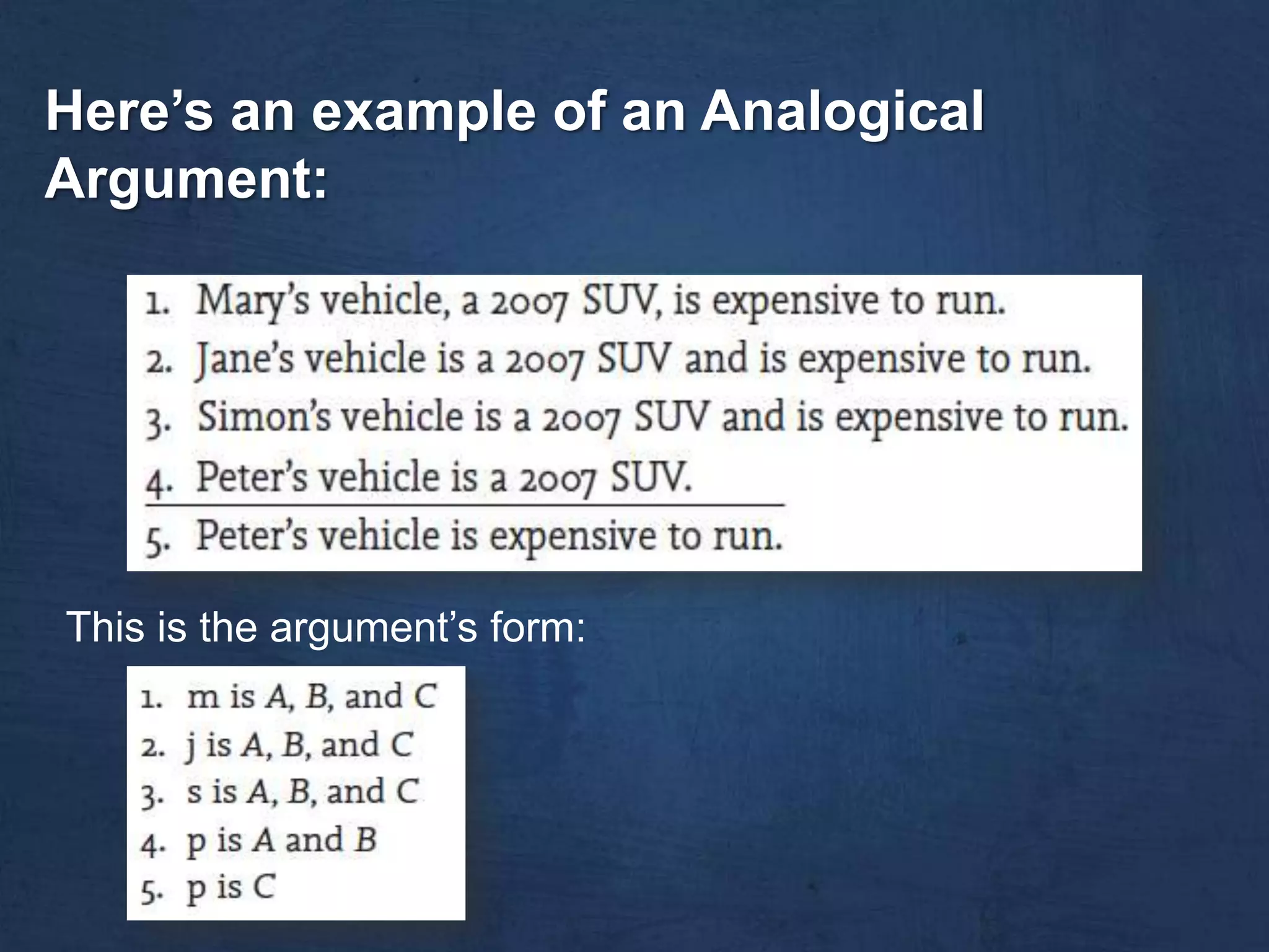 Here’s an example of an Analogical
Argument:




This is the argument’s form:
 