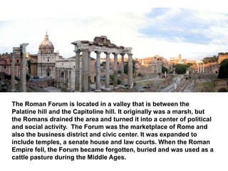 The Roman Forum is located in a valley that is between the 
Palatine hill and the Capitoline hill. It originally was a marsh, but 
the Romans drained the area and turned it into a center of political 
and social activity. The Forum was the marketplace of Rome and 
also the business district and civic center. It was expanded to 
include temples, a senate house and law courts. When the Roman 
Empire fell, the Forum became forgotten, buried and was used as a 
cattle pasture during the Middle Ages. 
 