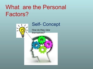 What are the Personal
Factors?
Self- Concept
How do they view
themselves?
 