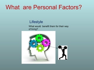 What are Personal Factors?
What would benefit them for their way
of living?
Lifestyle
 