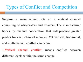 Types of Conflict and Competition
Suppose a manufacturer sets up a vertical channel
consisting of wholesalers and retailers. The manufacturer
hopes for channel cooperation that will produce greater
profits for each channel member. Yet vertical, horizontal,
and multichannel conflict can occur.
1.Vertical channel conflict: means conflict between
different levels within the same channel.
 