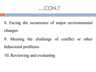 …CON.T
8. Facing the occurrence of major environmental
changes
9. Meeting the challenge of conflict or other
behavioral problems
10. Reviewing and evaluating
 