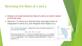 Reversing the Roles of x and y
 Instead, we could reverse the roles of x and y to make it easier
to find the area.
 Solve for x in terms of y, find the lower and upper limits of
integration in terms of y, and integrate with respect to y.
 