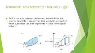 Remember: Area Between y = f(x) and y = g(x)
 To find the area between two curves, we will divide the
interval [a,b] into n subintervals (like we did in section 5.4)
which subdivides the area region into n strips (see diagram
below).
 