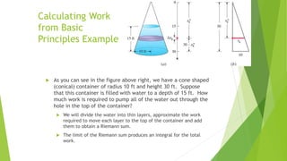 Calculating Work
from Basic
Principles Example
 As you can see in the figure above right, we have a cone shaped
(conical) container of radius 10 ft and height 30 ft. Suppose
that this container is filled with water to a depth of 15 ft. How
much work is required to pump all of the water out through the
hole in the top of the container?
 We will divide the water into thin layers, approximate the work
required to move each layer to the top of the container and add
them to obtain a Riemann sum.
 The limit of the Riemann sum produces an integral for the total
work.
 