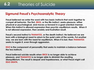 6.2 Theories of Suicide
Sigmund Freud’s Psychoanalytic Theory
Freud believed we enter the word with two basic instincts that work together to
compel all behavior. The first, EROS, or the life instinct, seeks pleasure, either
physical or psychological, and moves us forward in a goal-oriented manner.
When this instinct is allowed expression then psychic equilibrium results. When it
is not allowed expression, then anxiety and frustration result.
Freud’s second instinct is THANATOS, or the death instinct. He believed we are
born with a biological need to return to the quiet calm of the womb. Put another
way, we are born with the need for equilibrium. When it is lost, then THANATOS
seeks to regain it, even through aggression.
EGO is the component of personality that seeks to maintain a balance between
the two instincts.
Freud believed suicide results when EROS is no longer able to achieve
pleasure, and THANATOS is no longer able to diminish the resulting
disequilibrium. The result is despair and hopelessness, or what Freud might call
EGO DEATH.
 