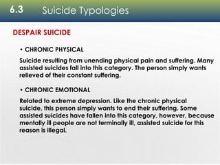 6.3 Suicide Typologies
• CHRONIC PHYSICAL
Suicide resulting from unending physical pain and suffering. Many
assisted suicides fall into this category. The person simply wants
relieved of their constant suffering.
• CHRONIC EMOTIONAL
Related to extreme depression. Like the chronic physical
suicide, this person simply wants to end their suffering. Some
assisted suicides have fallen into this category, however, because
mentally ill people are not terminally ill, assisted suicide for this
reason is illegal.
DESPAIR SUICIDE
 