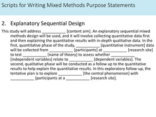 Scripts for Writing Mixed Methods Purpose Statements
2. Explanatory Sequential Design
This study will address ___________ [content aim]. An explanatory sequential mixed
methods design will be used, and it will involve collecting quantitative data first
and then explaining the quantitative results with in-depth qualitative data. In the
first, quantitative phase of the study, ___________ [quantitative instrument] data
will be collected from ___________ [participants] at ___________ [research site]
to test ___________ [name of theory] to assess whether ___________
[independent variables] relate to ___________ [dependent variables]. The
second, qualitative phase will be conducted as a follow up to the quantitative
results to help explain the quantitative results. In this exploratory follow-up, the
tentative plan is to explore ___________ [the central phenomenon] with
___________ [participants at a ___________ [research site].
 