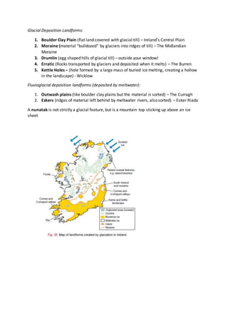Glacial Deposition Landforms:
1. Boulder Clay Plain (flat land covered with glacial till) – Ireland’s Central Plain
2. Moraine (material “bulldozed” by glaciers into ridges of till) – The Midlandian
Moraine
3. Drumlin (egg shaped hills of glacial till) – outside your window!
4. Erratic (Rocks transported by glaciers and deposited when it melts) – The Burren
5. Kettle Holes – (hole formed by a large mass of buried ice melting, creating a hollow
in the landscape) - Wicklow
Fluvioglacial deposition landforms (deposited by meltwater):
1. Outwash plains (like boulder clay plains but the material is sorted) – The Curragh
2. Eskers (ridges of material left behind by meltwater rivers, also sorted) – Esker Riada
A nunatak is not strictly a glacial feature, but is a mountain top sticking up above an ice
sheet
 