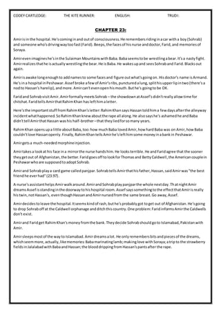 CODEY CARTLEDGE: THE KITE RUNNER: ENGLISH: TRUDI:
CHAPTER 23:
Amirisin the hospital.He'scominginand outof consciousness.He remembersridinginacar witha boy(Sohrab)
and someone who'sdrivingwaytoofast(Farid).Beeps,the facesof hisnurse anddoctor,Farid,and memoriesof
Soraya.
Amirevenimagineshe'sinthe Sulaiman MountainswithBaba.Babaseemstobe wrestlingabear.It'sa nastyfight.
Amirrealizesthathe isactuallywrestlingthe bear.He isBaba.He wakesupand seesSohraband Farid.Blacksout
again.
Amirisawake longenoughto addnamesto some facesand figure outwhat'sgoingon. Hisdoctor's name isArmand.
He's ina hospital inPeshawar.Assef broke afew of Amir'sribs,puncturedalung,splithisupperlipintwo(there'sa
nodto Hassan's harelip),andmore.Amircan'tevenopenhismouth.Buthe's goingto be OK.
Faridand SohrabvisitAmir.AmirformallymeetsSohrab – the showdownatAssef'sdidn'treallyallow time for
chitchat.FaridtellsAmirthatRahimKhan has lefthimaletter.
Here'sthe importantstuff fromRahimKhan'sletter:RahimKhansays Hassantoldhima few daysafterthe alleyway
incidentwhathappened.SoRahimKhanknewaboutthe rape all along.He alsosayshe's ashamedhe andBaba
didn'ttell AmirthatHassan washis half-brother–that theyliedforsomany years.
RahimKhan opensupa little aboutBaba,too:how muchBaba lovedAmir,how hardBaba was on Amir,howBaba
couldn'tlove Hassanopenly.Finally,RahimKhantellsAmirhe'slefthimsome moneyinabankin Peshawar.
Amirgetsa much-neededmorphineinjection.
Amirtakesa lookat his face ina mirrorthe nurse handshim.He looksterrible.He andFaridagree that the sooner
theygetout of Afghanistan,the better.Faridgoesoff tolookforThomasand BettyCaldwell,the Americancouplein
Peshawarwhoare supposedtoadoptSohrab.
Amirand Sohrabplaya card game calledpanjpar.SohrabtellsAmirthathisfather,Hassan,saidAmirwas"the best
friendhe everhad"(23.97).
A nurse'sassistanthelpsAmirwalkaround.AmirandSohrabplaypanjparthe whole nextday.ThatnightAmir
dreamsAssef isstandinginthe doorwaytohishospital room.Assef sayssomethingtothe effectthatAmirisreally
histwin,notHassan's, eventhoughHassanandAmirnursedfromthe same breast.Go away,Assef.
Amirdecidestoleave the hospital.Itseemskindof rash,buthe'sprobablygot toget out of Afghanistan.He'sgoing
to drop Sohraboff at the Caldwell orphanage andditchthiscountry.One problem:FaridinformsAmirthe Caldwells
don't exist.
Amirand Faridget RahimKhan'smoney fromthe bank.Theydecide Sohrabshouldgoto Islamabad,Pakistanwith
Amir.
Amirsleepsmostof the wayto Islamabad.Amirdreamsalot. He onlyremembersbitsandpiecesof the dreams,
whichseemmore,actually,likememories:Babamarinatinglamb;makinglove withSoraya;atripto the strawberry
fieldsinJalalabadwithBabaandHassan;the blooddrippingfromHassan'spantsafter the rape.
 