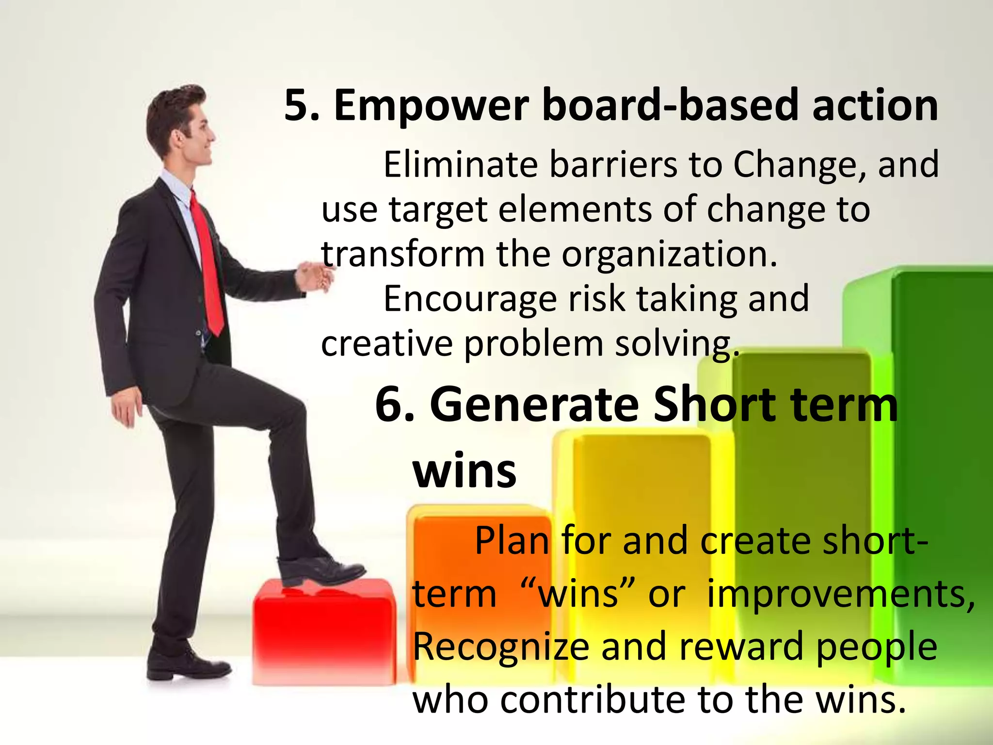 5. Empower board-based action
Eliminate barriers to Change, and
use target elements of change to
transform the organization.
Encourage risk taking and
creative problem solving.
6. Generate Short term
wins
Plan for and create short-
term “wins” or improvements,
Recognize and reward people
who contribute to the wins.
 
