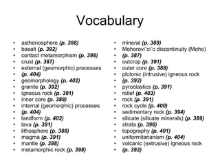 Vocabulary asthenosphere  (p. 388) basalt  (p. 392) contact metamorphism  (p. 398) crust  (p. 387) external (geomorphic) processes (p. 404) geomorphology  (p. 402) granite  (p. 392) igneous rock  (p. 391) inner core  (p. 388) internal (geomorphic) processes (p. 404) landform  (p. 402) lava  (p. 391) lithosphere  (p. 388) magma  (p. 391) mantle  (p. 388) metamorphic rock  (p. 398) mineral  (p. 389) Mohoroviˇci´c discontinuity (Moho) (p. 387) outcrop  (p. 391) outer core  (p. 388) plutonic (intrusive) igneous rock (p. 392) pyroclastics  (p. 391) relief  (p. 403) rock  (p. 391) rock cycle  (p. 400) sedimentary rock  (p. 394) silicate (silicate minerals)  (p. 389) strata  (p. 396) topography  (p. 401) uniformitarianism  (p. 404) volcanic (extrusive) igneous rock (p. 392) 